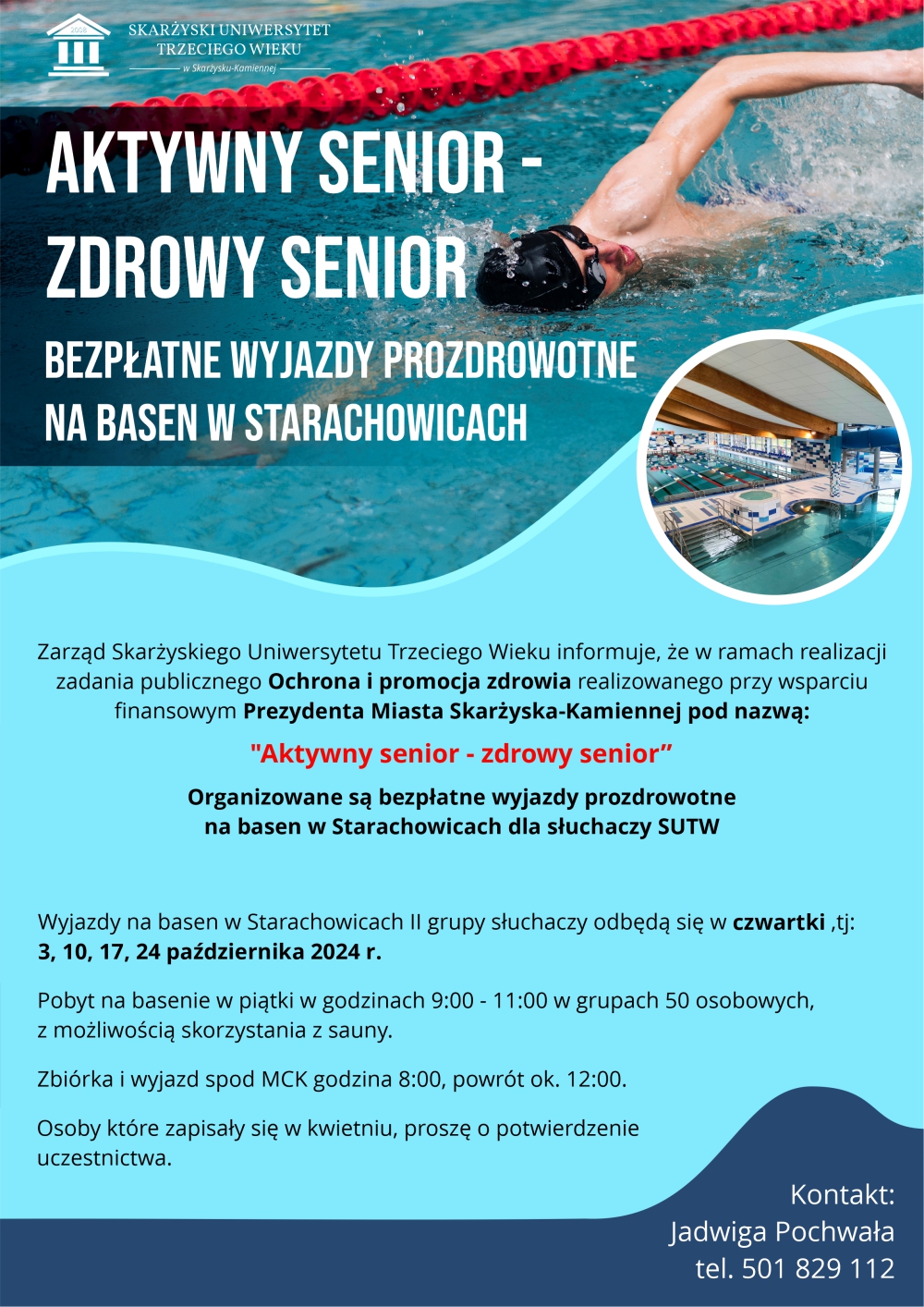 aktywny senior zdrowy senior wyjazdy na basen plakat