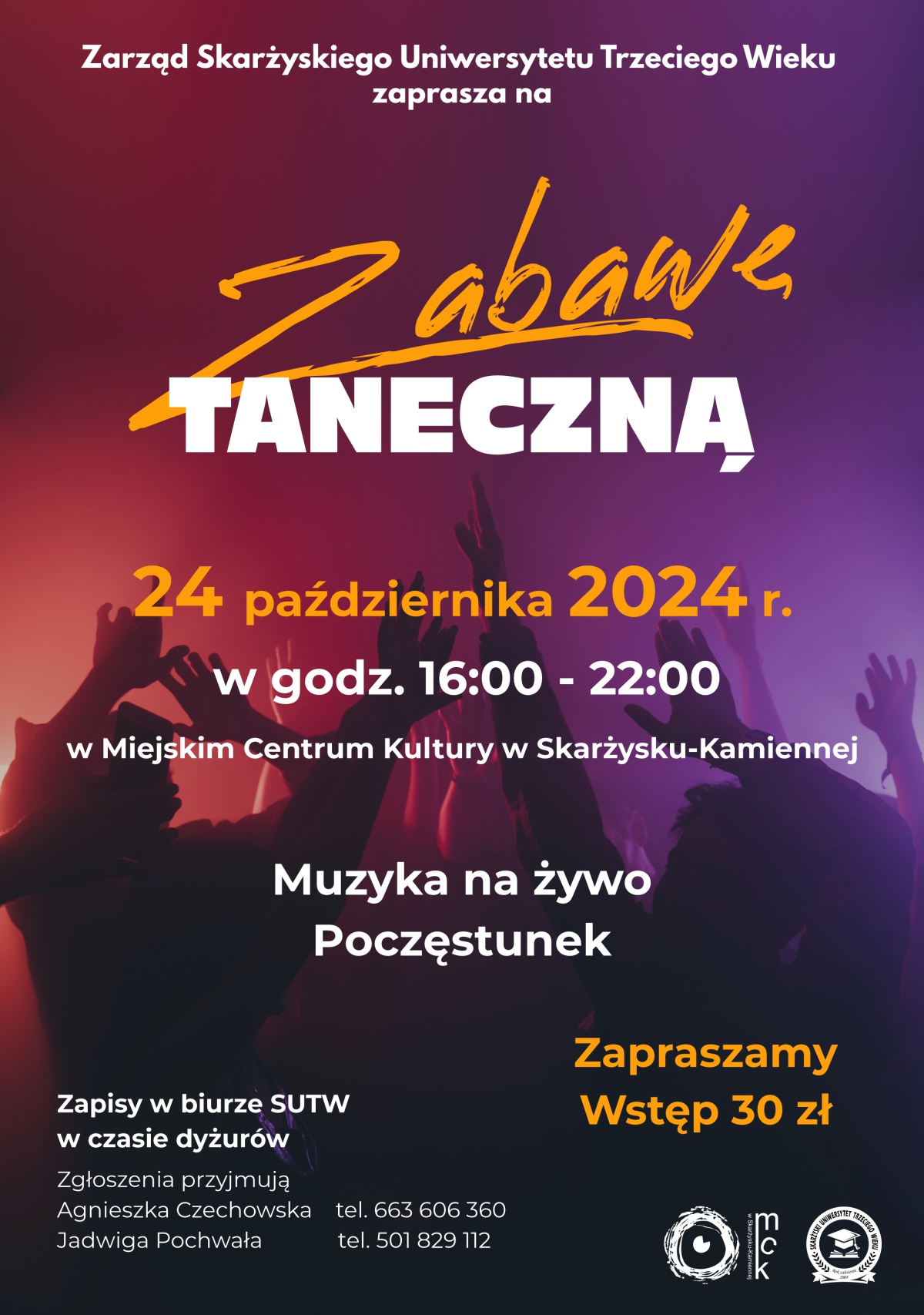 Plakat reklamujący zabawę taneczną UTW 24.10.2024